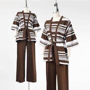 Vintage 70s Brown and White Striped Wide Leg Knit Jumpsuit with Belted Jacket M